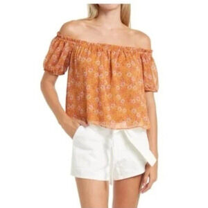 WAYF Womens Top Blouse M Orange Floral Off Shoulder Cropped Short Sleeve